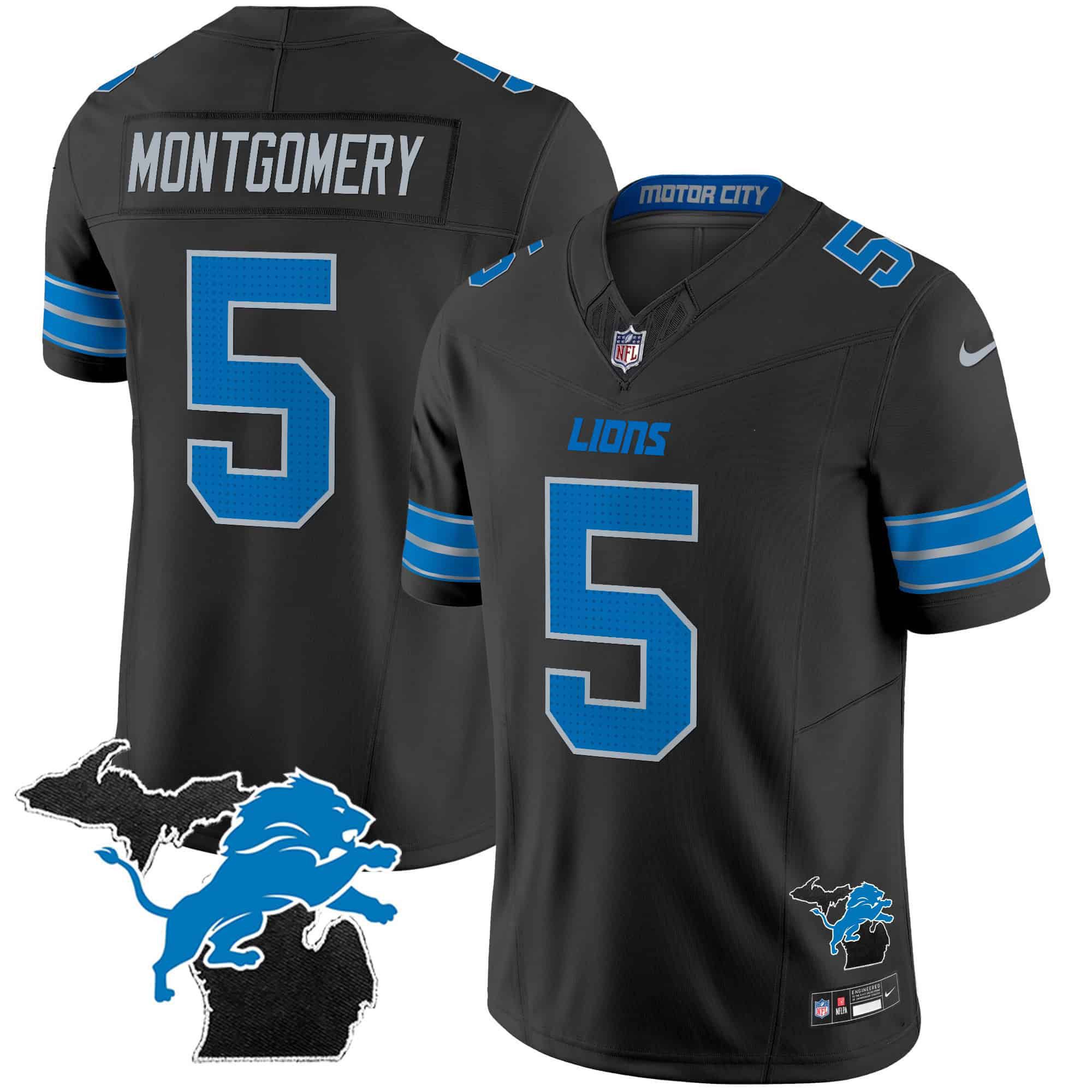 Men Detroit Lions #5 Montgomery Black 2024 Nike Michigan Patch Vapor Limited NFL Jersey style 1